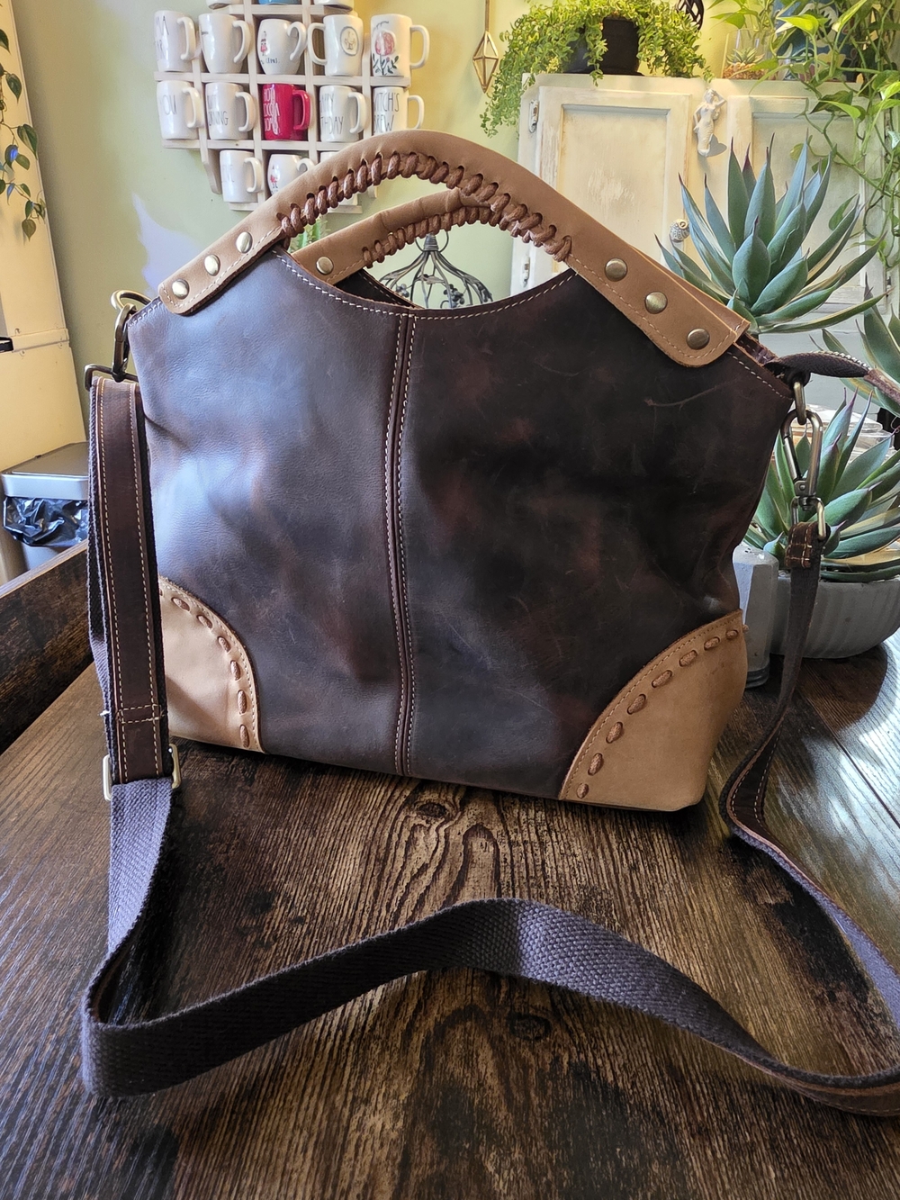 Dark Brown Leather Tote with Tan Accents - Ladies Shoulder/ Crossbody Bag